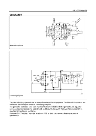 4JB1-TC Engine-56
GENERATOR
Generator Assembly
Connecting Diagram
The basic charging system is the IC integral regulator charging system. The internal components are
connected electrically as shown in connecting diagram.
The generator features a solid state regulator that is mounted inside the generator. All regulator
components are enclosed into a solid mold, and this unit along with the brush holder assembly is
attached to the slip ring end frame.
On the 4JB1-TC engine, two type of outputs (50A or 60A) can be used depends on vehicle
specification.
 