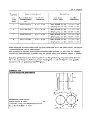 4JB1-TC Engine-5
The 4JB1 engine employs chrome plated dry type cylinder liner. Marks are made on top of the cylinder
block to indicate the cylinder liner diameter.
This information is important when cylinder liners need to be replaced. The production line stamped
cylinder liner grade on the top of cylinder body, the cylinder liner outside diameter grade 1, 2, 3 and 4.
If you find cylinder liner outside diameter grade "1" on the cylinder body and piston outside diameter
"B" on the piston top or result of measurement of each parts, you will select service parts grade for
cylinder liner "1-AX" grade and piston "AX" grade.
Inspection Item
Cylinder Body Bore Measurement
Required Tool: Cylinder Indicator
Measure the point "A" across ①−① , ②−② , ③−③ and ④−④ .
Calculate the average value of the four measurements.
Service Standard: 95.001 - 95.040mm
Production
Line Use
Measurement in Service Service Parts
Liner
Outside
Grade
Cylinder Body Bore
Diameter Average
(mm)
Liner Outside
Diameter (mm)
Liner Grade
（Without Piston）
Liner Bore
Diameter (mm)
1 95.001 – 95.010 95.011 – 95.020 1-AX (For piston size AX) 93.035 – 93.050
1-CX (For piston size CX) 93.051 – 93.066
2 95.011 – 95.020 95.021 – 95.030 2-AX (For piston size AX) 93.035 – 93.050
2-CX (For piston size CX) 93.051 – 93.066
3 95.021 – 95.030 95.031 – 95.040 3-AX (For piston size AX) 93.035 – 93.050
3-CX (For piston size CX) 93.051 – 93.066
4 95.031 – 95.040 95.041 – 95.050 4-AX (For piston size AX) 93.035 – 93.050
4-CX (For piston size CX) 93.051 – 93.066
 