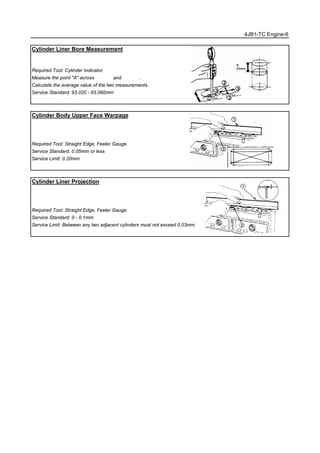 4JB1-TC Engine-6
Cylinder Liner Bore Measurement
Required Tool: Cylinder Indicator
Measure the point "A" across ②−② and ③−③ .
Calculate the average value of the two measurements.
Service Standard: 93.020 - 93.060mm
Cylinder Body Upper Face Warpage
Required Tool: Straight Edge, Feeler Gauge
Service Standard: 0.05mm or less
Service Limit: 0.20mm
Cylinder Liner Projection
Required Tool: Straight Edge, Feeler Gauge
Service Standard: 0 - 0.1mm
Service Limit: Between any two adjacent cylinders must not exceed 0.03mm
 
