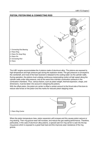 4JB1-TC Engine-7
PISTON, PISTON RING & CONNECTING ROD
1. Connecting Rod Bearing
2. Piston Ring
3. Piston Pin Snap Ring
4. Piston Pin
5. Connecting Rod
6. Piston
The 4JB1 engine accommodates the 4 pistons made of aluminum alloy. The pistons are exposed to
high temperature and high pressure gas during the explosion stroke. The gas pressure is conveyed to
the crankshaft, and most of the heat received is released to the cooling water via the cylinder walls.
During operation, the pistons must undergo continuous reciprocating motion at high speed along the
cylinder walls under side pressure, and at the same time maintain combustion pressure in the
combustion chambers. Thus, various factors, such as piston weight, thermal expansion, shape, and
dimensions, must be taken into account in designing the pistons.
With the offset piston, the piston pin center is offset a certain amount to the thrust side of the bore to
reduce side forces on the piston and this marks for reduced piston slapping noise.
1. Piston Ring Carrier
When the piston temperature rises, piston expansion will increase and this causes piston seizure or
ring sticking. Then ring groove wear will increase, and reduce the gas sealing performance. Therefore,
particularly, in the case of aluminum alloy pistons, a special cast iron ring carrier is cast into the top
ring groove which is exposed to a great heat load and this improves wear resistance of the ring
groove.
1
 