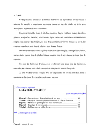 17




 Listas
       Correspondem a um rol de elementos ilustrativos ou explicativos condicionados à

natureza do trabalho e organizados na mesma ordem em que são citados no texto, com

indicação da página onde estão localizados.

       Podem ser incluídas listas de tabelas, quadros e figuras (gráficos, mapas, desenhos,

gravuras, fotografias, fórmulas), abreviaturas, siglas e símbolos, devendo ser elaborada lista

própria para cada tipo de elemento, no caso de estes ultrapassarem três itens; pode haver, por

exemplo, duas listas: uma lista de tabelas e uma lista de figuras.

       Devem ser apresentadas na seguinte ordem: lista de ilustrações, como gráfico, plantas,

mapas, dentre outros; lista de tabelas; lista de quadros; lista de abreviaturas e siglas, lista de

símbolos.

       No caso de ilustrações diversas, pode-se elaborar uma única lista de ilustrações,

contendo, por exemplo, uma tabela, um quadro, uma gravura ou uma fotografia.

       A lista de abreviaturas e siglas deve ser organizada em ordem alfabética. Para a

apresentação das listas, deve-se observar figura 4 a seguir:




↓ (3cm margem superior)
       LISTA DE ILUSTRAÇÕES
                                                                                    (2cm margem direita)      ←
       Figura 1 – Determinantes da atratividade de um setor .................................. 09
       Tabela 1 – Meios de comunicação determinantes na criação da marca......... 12
       Figura 2 – Modelo de gestão previsto para implantação.................................15
       Figura 3 – Logotipo da nova marca ............................................................... 18
       Tabela 2 – Público-alvo na mídia direta......................................................... 22

→ (3cm margem esquerda)


Figura 4 – Modelo de Lista
 