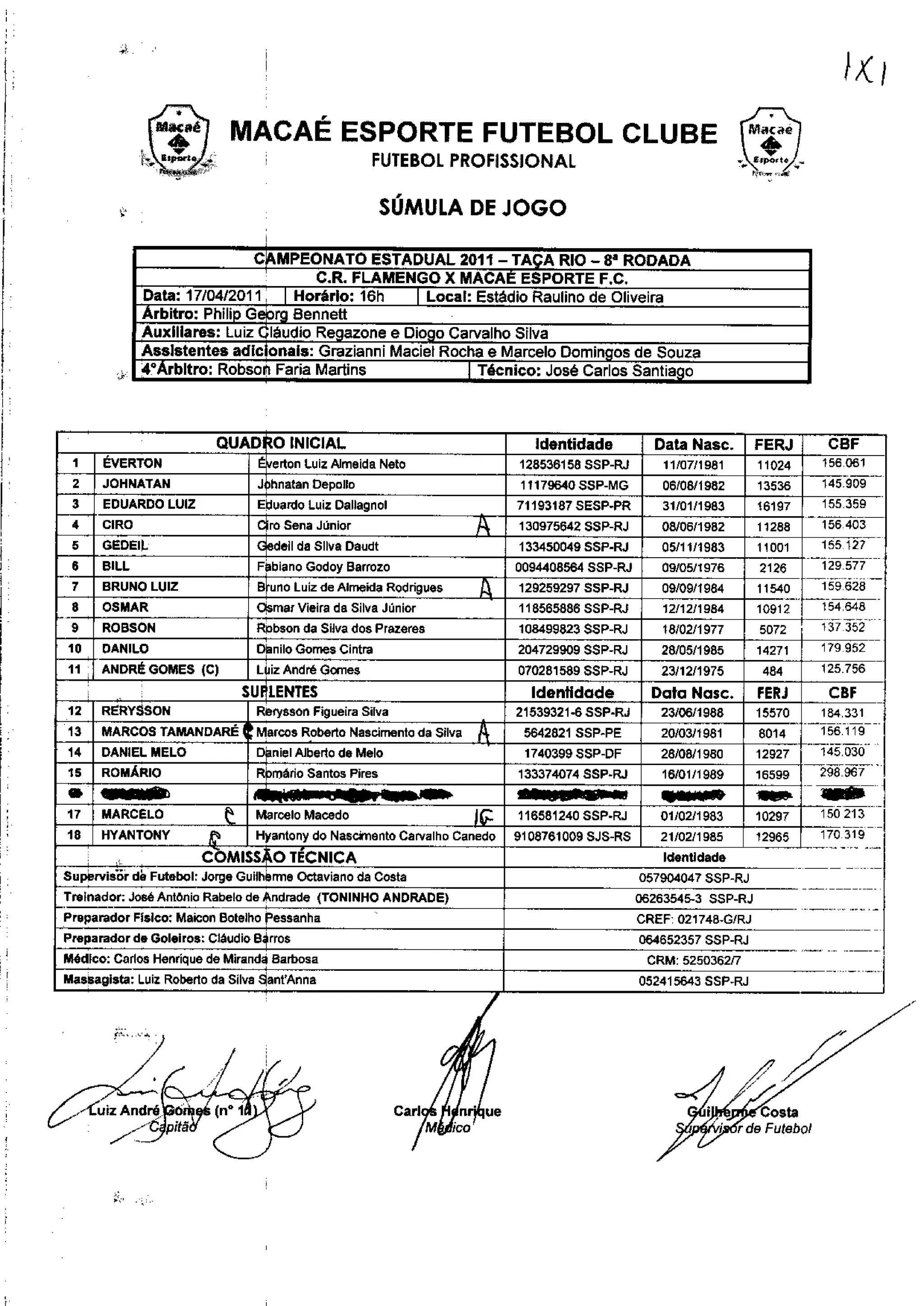 Súmula Flamengo x Macaé