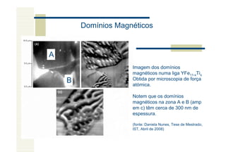 Domínios Magnéticos


A
                     Imagem dos domínios
                     magnéticos numa liga YFe11-xTix
    B                Obtida por microscopia de força
                     atómica.

                     Notem que os domínios
                     magnéticos na zona A e B (amp
                     em c) têm cerca de 300 nm de
                     espessura.

                     (fonte: Daniela Nunes, Tese de Mestrado,
                     IST, Abril de 2008)
 