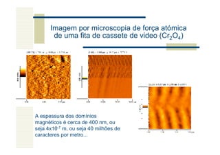 Imagem por microscopia de força atómica
       de uma fita de cassete de video (Cr2O4)




A espessura dos domínios
magnéticos é cerca de 400 nm, ou
seja 4x10-7 m, ou seja 40 milhões de
caracteres por metro...
 