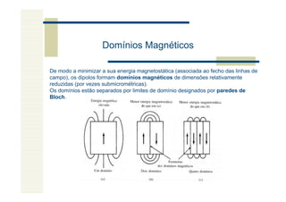 Domínios Magnéticos

De modo a minimizar a sua energia magnetostática (associada ao fecho das linhas de
campo), os dipolos formam domínios magnéticos de dimensões relativamente
reduzidas (por vezes submicrométricas).
Os domínios estão separados por limites de domínio designados por paredes de
Bloch.
 