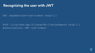 GET /myaddon?jwt=<jwt-token> http/1.1
POST /jira/rest/api/2/issue/AC-1/attachments http/1.1
Authorization: JWT <jwt-token>
Recognizing the user with JWT
 