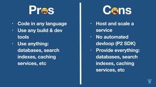 C nsPr s
• Code in any language
• Use any build & dev
tools
• Use anything:
databases, search
indexes, caching
services, etc
• Host and scale a
service
• No automated
devloop (P2 SDK)
• Provide everything:
databases, search
indexes, caching
services, etc
 