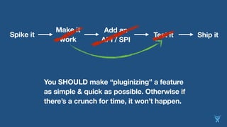 You SHOULD make “pluginizing” a feature
as simple & quick as possible. Otherwise if
there’s a crunch for time, it won’t happen.
Spike it
Make it
work
Test it
Add an
API / SPI
Ship it
 