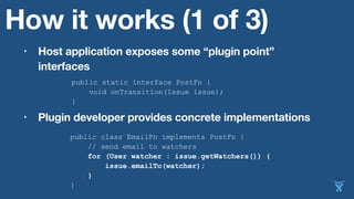 • Host application exposes some “plugin point”
interfaces
public static interface PostFn {
void onTransition(Issue issue);
}
• Plugin developer provides concrete implementations
public class EmailFn implements PostFn {
// send email to watchers
for (User watcher : issue.getWatchers()) {
issue.emailTo(watcher);
}
}
How it works (1 of 3)
 