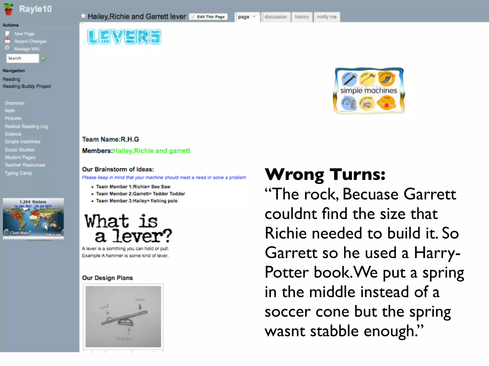 Wrong Turns:
“The rock, Becuase Garrett
couldnt ﬁnd the size that
Richie needed to build it. So
Garrett so he used a Harry-
Potter book.We put a spring
in the middle instead of a
soccer cone but the spring
wasnt stabble enough.”
 