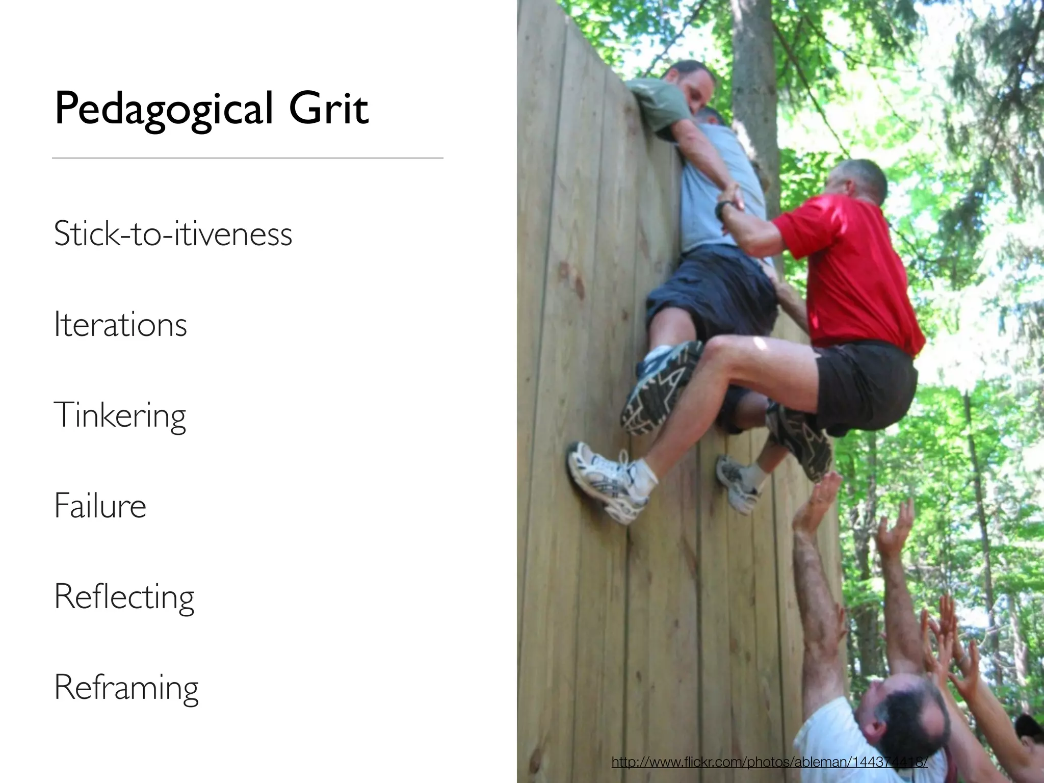 Pedagogical Grit

Stick-to-itiveness

Iterations

Tinkering

Failure

Reﬂecting

Reframing
                     http://www.ﬂickr.com/photos/ableman/144374418/
 