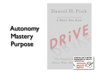 Autonomy
Mastery
Purpose
 