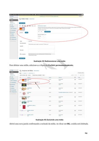 24
Ilustração 39. Redimensionar uma mídia
Para deletar uma mídia, selecione-a e clique em Excluir permanentemente.
Ilustração 40. Excluindo uma mídia
Abrirá uma nova janela confirmando a exclusão da mídia. Ao clicar em OK, a mídia será deletada.
 