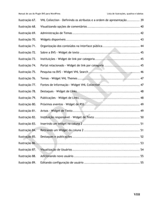 Manual de uso do Plugin BVS para WordPress Lista de ilustrações, quadros e tabelas
VIII
Ilustração 67. VHL Collection – Definindo os atributos e a ordem de apresentação............ 39
Ilustração 68. Visualizando opções de comentários ................................................. 40
Ilustração 69. Administração de Temas ............................................................... 42
Ilustração 70. Widgets disponíveis ..................................................................... 43
Ilustração 71. Organização dos conteúdos na interface pública................................... 44
Ilustração 72. Sobre a BVS - Widget de texto ........................................................ 45
Ilustração 73. Instituições - Widget de link por categoria.......................................... 45
Ilustração 74. Portal relacionado - Widget de link por categoria ................................. 45
Ilustração 75. Pesquisa na BVS - Widget VHL Search................................................ 46
Ilustração 76. Temas - Widget VHL Themes .......................................................... 47
Ilustração 77. Fontes de Informação - Widget VHL Collection..................................... 47
Ilustração 78. Destaques – Widget de Links........................................................... 48
Ilustração 79. Publicações – Widget de Links......................................................... 48
Ilustração 80. Próximos eventos – Widget de RSS.................................................... 49
Ilustração 81. Avisos – Widget de Texto............................................................... 49
Ilustração 82. Instituição responsável – Widget de Texto .......................................... 50
Ilustração 83. Inserindo um widget na coluna 2 ..................................................... 51
Ilustração 84. Retirando um Widget da coluna 2 .................................................... 51
Ilustração 85. Destaques e publicações ............................................................... 52
Ilustração 86.................................................................................................. 53
Ilustração 87. Visualização de Usuários ............................................................... 54
Ilustração 88. Adicionando novo usuário.............................................................. 55
Ilustração 89. Editando configuração de usuário .................................................... 55
 