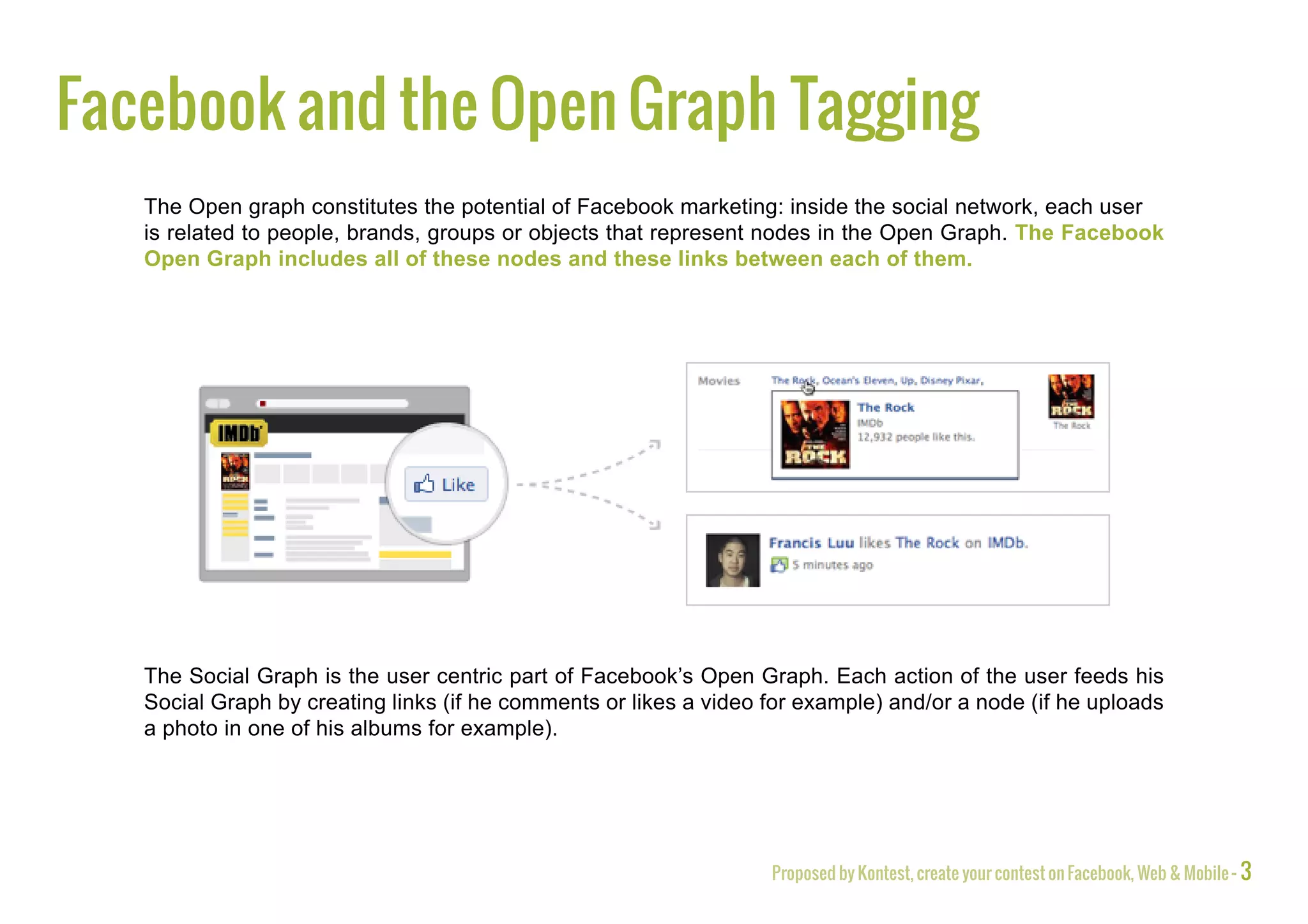 Facebook and the Open Graph Tagging
   The Open graph constitutes the potential of Facebook marketing: inside the social network, each user
   is related to people, brands, groups or objects that represent nodes in the Open Graph. The Facebook
   Open Graph includes all of these nodes and these links between each of them.




   The Social Graph is the user centric part of Facebook’s Open Graph. Each action of the user feeds his
   Social Graph by creating links (if he comments or likes a video for example) and/or a node (if he uploads
   a photo in one of his albums for example).




                                                                   Proposed by Kontest, create your contest on Facebook, Web & Mobile - 3
 