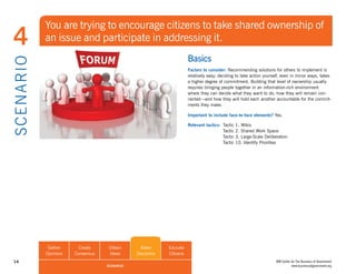 You are trying to encourage citizens to take shared ownership of
 4              an issue and participate in addressing it.
                                                                          Basics
S CE NA R I O

                                                                          Factors to consider: Recommending	solutions	for	others	to	implement	is	
                                                                          relatively easy; deciding to take action yourself, even in minor ways, takes
                                                                          a higher degree of commitment. Building that level of ownership usually
                                                                          requires bringing people together in an information-rich environment
                                                                          where they can decide what they want to do, how they will remain con-
                                                                          nected—and how they will hold each another accountable for the commit-
                                                                          ments they make.

                                                                          Important to include face-to-face elements? Yes.

                                                                          Relevant tactics: Tactic   1. Wikis
                                                                                            Tactic   2. Shared Work Space
                                                                                            Tactic   3. Large-Scale Deliberation
                                                                                            Tactic   10. Identify Priorities




                 Gather      Create     Obtain      Make       Educate
                Opinions   Consensus    Ideas      Decisions   Citizens
 14                                                                                                                       IBM Center for The Business of Government
                                       SCENARIOS                                                                                     www.businessofgovernment.org
 