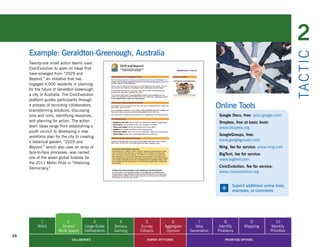 2
     Example: Geraldton-Greenough, Australia




                                                                                                                                                    TA CT I C
     Twenty-one small action teams used
     CivicEvolution to work on ideas that
     have emerged from “2029 and
     Beyond,” an initiative that has
     engaged 4,000 residents in planning
     for the future of Geraldton-Greenough,
     a city in Australia. The CivicEvolution
     platform guides participants through
     a process of recruiting collaborators,
     brainstorming solutions, discussing
                                                                                                      Online Tools
     pros and cons, identifying resources,                                                             Google Docs, free: docs.google.com
     and planning for action. The action                                                               Dropbox, free at basic level:
     team ideas range from establishing a                                                              www.dropbox.org
     youth council to developing a new
     workforce plan for the city to creating                                                           GoogleGroups, free:
     a botanical garden. “2029 and                                                                     www.googlegroups.com
     Beyond,” which also uses an array of                                                              Ning, fee for service: www.ning.com
     face-to-face processes, was named                                                                 BigTent, fee for service:
     one of the seven global finalists for                                                             www.bigtent.com
     the 2011 Mohn Prize in “Vitalizing
     Democracy.”                                                                                       CivicEvolution, fee for service:
                                                                                                       www.civicevolution.org



                                                                                                       +      Submit additional online tools,
                                                                                                              examples, or comments




           1              2                3            4          5             6           7            8             9                 10
          Wikis        Shared         Large-Scale    Serious   Survey        Aggregate     Idea        Identify       Mapping          Identify
                      Work Space      Deliberation   Gaming    Citizens       Opinion    Generation   Problems                         Priorities
20
                              COLLABORATE                          SURVEY ATTITUDES                       PRIORITIZE OPTIONS
 