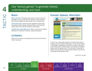 Use “serious games” to generate interest,
4            understanding, and input
             Basics                                                                            Example: Spokane, Washington
TA CT I C


             What is the tactic: Online games give citizens a chance to test their
             knowledge or come up with their own solutions to public problems.
             When cleverly designed and disseminated, they can spread virally.

             Use this tactic when: Publicizing public engagement opportunities,
             encouraging creative thinking, and giving citizens a more informed,
             realistic sense of the trade-offs involved in policymaking.

             Using this tactic online allows you to: Offer a convenient and versatile
             alternative for involvement, resulting in broader participation.



             Limitations
             Needs to be surrounded and supported by some of the other tactics in
             order to have value.
                                                                                               In 2010, over 1,000 people played the “Thousand Visions Game,”
                                                                                               created by the city of Spokane, Washington, to help involve residents
                                                                                               in transportation budgeting and planning for the region. Participants
                                                                                               chose funding options, selected projects, and balanced the budget to
                                                                                               produce their own regional vision. This information is being used to
                                                                                               determine the priorities and funding options necessary to achieve the
                                                                                               unified regional transportation vision.


                                                                                                                                                 continued on next page




             1             2                3              4                5               6              7               8             9               10
            Wikis       Shared         Large-Scale      Serious         Survey          Aggregate        Idea           Identify       Mapping        Identify
                       Work Space      Deliberation     Gaming          Citizens         Opinion       Generation      Problems                       Priorities
  23
                               COLLABORATE                                  SURVEY ATTITUDES                               PRIORITIZE OPTIONS
 