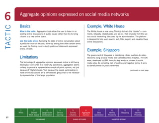 6            Aggregate opinions expressed on social media networks

             Basics                                                                             Example: White House
TA CT I C


             What is the tactic: Aggregation tools allow the user to listen in on               The White House is now using ThinkUp to track the “ripples”— com-
             existing online discussions of public issues rather than try to bring              ments, retweets, related posts, and so on—that emanate from the var-
             citizens to a new online space.                                                    ious social networking sites used by the administration. The platform
                                                                                                is designed to help users search, sort, filter, export, and visualize these
             Use this tactic when: Sampling the state of online conversation about              online discussions.
             a particular issue or decision, either by testing how often certain terms
             are used, by finding more in-depth posts and statements expressed
             online, or both.
                                                                                                Example: Singapore
                                                                                                The government of Singapore is monitoring citizen reactions to policy
             Limitations                                                                        decisions using a social media tool called Business Analytics. The soft-
                                                                                                ware, developed by IBM, looks for key words or phrases in social
             The technology of aggregating opinions expressed online is still being             media sites. By compiling lists of positive and negative terms, it aims
             developed. Even when it is more fully operational, aggregation seems               to identify trends in public sentiment.
             unlikely to provide a representative sample of public opinion, not just
             because of “digital divides,” but because the people participating in                                                                   continued on next page
             most online discussions are a self-selected group that is not necessar-
             ily representative of the larger population.




             1             2                3               4               5                6              7                8              9                10
            Wikis       Shared         Large-Scale       Serious        Survey           Aggregate        Idea            Identify        Mapping         Identify
                       Work Space      Deliberation      Gaming         Citizens          Opinion       Generation       Problems                         Priorities
  27
                                COLLABORATE                                  SURVEY ATTITUDES                                 PRIORITIZE OPTIONS
 