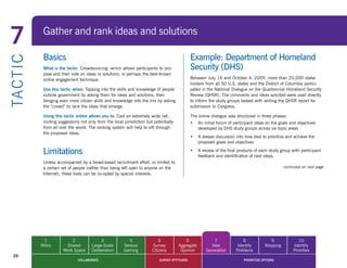7            Gather and rank ideas and solutions

             Basics                                                                              Example: Department of Homeland
TA CT I C


             What is the tactic: Crowdsourcing, which allows participants to pro-                Security (DHS)
             pose and then vote on ideas or solutions, is perhaps the best-known
             online engagement technique.                                                        Between July 16 and October 4, 2009, more than 20,000 stake-
                                                                                                 holders from all 50 U.S. states and the District of Columbia partici-
             Use this tactic when: Tapping into the skills and knowledge of people               pated in the National Dialogue on the Quadrennial Homeland Security
             outside government by asking them for ideas and solutions, then                     Review	(QHSR).	The	comments	and	ideas	solicited	were	used	directly	
             bringing even more citizen skills and knowledge into the mix by asking              to	inform	the	study	groups	tasked	with	writing	the	QHSR	report	for	
             the “crowd” to rank the ideas that emerge.                                          submission to Congress.

             Using this tactic online allows you to: Cast an extremely wide net,                 The online dialogue was structured in three phases:
             inviting suggestions not only from the local jurisdiction but potentially           •	 An initial forum of participant ideas on the goals and objectives
             from all over the world. The ranking system will help to sift through                  developed by DHS study groups across six topic areas
             the proposed ideas.
                                                                                                 •	 A deeper discussion into how best to prioritize and achieve the
                                                                                                    proposed goals and objectives

             Limitations                                                                         •	 A review of the final products of each study group with participant
                                                                                                    feedback and identification of next steps.
             Unless accompanied by a broad-based recruitment effort, or limited to
             a certain set of people (rather than being left open to anyone on the                                                                  continued on next page
             Internet), these tools can be co-opted by special interests.




             1              2                3               4                5              6               7               8              9               10
            Wikis        Shared         Large-Scale       Serious         Survey         Aggregate         Idea           Identify        Mapping        Identify
                        Work Space      Deliberation      Gaming          Citizens        Opinion        Generation      Problems                        Priorities
  29
                                COLLABORATE                                   SURVEY ATTITUDES                                PRIORITIZE OPTIONS
 