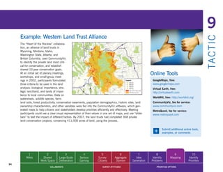 9
     Example: Western Land Trust Alliance




                                                                                                                                                              TA CT I C
     The	“Heart	of	the	Rockies”	collabora-
     tion, an alliance of land trusts in
     Wyoming, Montana, Idaho,
     Washington State, Alberta, and
     British Columbia, used CommunityViz
     to identify the private land most criti-
     cal for conservation, and establish
     shared 10-year conservation goals.
     At an initial set of plenary meetings,
     workshops, and small-group meet-
                                                                                                                 Online Tools
     ings in 2002, participants formulated                                                                        GoogleMaps, free:
     three criteria to be used in the land                                                                        www.googlemaps.com
     analysis: biological importance, stra-                                                                       Virtual Earth, free:
     tegic ranchland, and lands of impor-                                                                         http://virtualearth.com
     tance to local communities. Data on
     watersheds, wildlife species, farm-                                                                          WorldKit, free: http://worldkit.org/
     land soils, forest productivity, conservation easements, population demographics, historic sites, land       CommunityViz, fee for service:
     ownership characteristics, and other variables were fed into the CommunityViz software, which gen-           www.communityviz.com
     erated maps to help citizens and stakeholders develop priorities efficiently and effectively. Meeting        MetroQuest, fee for service:
     participants could see a clear visual representation of their values in one set of maps, and use “slider     www.metroquest.com
     bars” to test the impact of different factors. By 2007, the land trusts had completed 368 private
     land conservation projects, conserving 411,000 acres of land, using the process.


                                                                                                                   +     Submit additional online tools,
                                                                                                                         examples, or comments




           1              2               3               4                5             6              7            8             9                10
          Wikis        Shared        Large-Scale       Serious         Survey        Aggregate        Idea        Identify       Mapping         Identify
                      Work Space     Deliberation      Gaming          Citizens       Opinion       Generation   Problems                        Priorities
34
                              COLLABORATE                                  SURVEY ATTITUDES                          PRIORITIZE OPTIONS
 