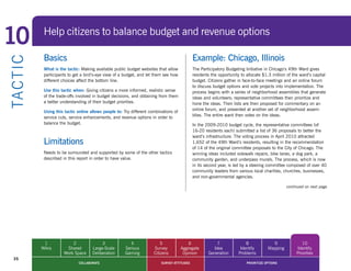 10           Help citizens to balance budget and revenue options

             Basics                                                                            Example: Chicago, Illinois
TA CT I C


             What is the tactic: Making available public budget websites that allow            The Participatory Budgeting Initiative in Chicago’s 49th Ward gives
             participants to get a bird’s-eye view of a budget, and let them see how           residents the opportunity to allocate $1.3 million of the ward’s capital
             different choices affect the bottom line.                                         budget. Citizens gather in face-to-face meetings and an online forum
                                                                                               to discuss budget options and vote projects into implementation. The
             Use this tactic when: Giving citizens a more informed, realistic sense            process begins with a series of neighborhood assemblies that generate
             of the trade-offs involved in budget decisions, and obtaining from them           ideas and volunteers; representative committees then prioritize and
             a better understanding of their budget priorities.                                hone the ideas. Their lists are then proposed for commentary on an
                                                                                               online forum, and presented at another set of neighborhood assem-
             Using this tactic online allows people to: Try different combinations of
                                                                                               blies. The entire ward then votes on the ideas.
             service cuts, service enhancements, and revenue options in order to
             balance the budget.                                                               In the 2009-2010 budget cycle, the representative committees (of
                                                                                               16-20 residents each) submitted a list of 36 proposals to better the
                                                                                               ward’s infrastructure. The voting process in April 2010 attracted
             Limitations                                                                       1,652 of the 49th Ward’s residents, resulting in the recommendation
                                                                                               of 14 of the original committee proposals to the City of Chicago. The
             Needs to be surrounded and supported by some of the other tactics                 winning ideas included sidewalk repairs, bike lanes, a dog park, a
             described in this report in order to have value.                                  community garden, and underpass murals. The process, which is now
                                                                                               in its second year, is led by a steering committee composed of over 40
                                                                                               community leaders from various local charities, churches, businesses,
                                                                                               and non-governmental agencies.

                                                                                                                                                  continued on next page




             1             2                3              4                5               6              7               8              9               10
            Wikis       Shared         Large-Scale      Serious         Survey          Aggregate        Idea           Identify        Mapping        Identify
                       Work Space      Deliberation     Gaming          Citizens         Opinion       Generation      Problems                        Priorities
  35
                               COLLABORATE                                  SURVEY ATTITUDES                                PRIORITIZE OPTIONS
 