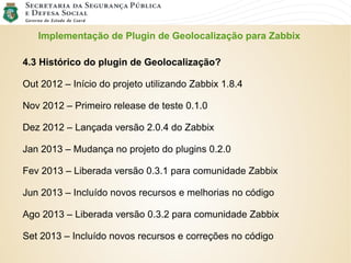 Implementação de Plugin de Geolocalização para Zabbix
4.3 Histórico do plugin de Geolocalização?
Out 2012 – Início do projeto utilizando Zabbix 1.8.4
Nov 2012 – Primeiro release de teste 0.1.0
Dez 2012 – Lançada versão 2.0.4 do Zabbix
Jan 2013 – Mudança no projeto do plugins 0.2.0
Fev 2013 – Liberada versão 0.3.1 para comunidade Zabbix
Jun 2013 – Incluído novos recursos e melhorias no código
Ago 2013 – Liberada versão 0.3.2 para comunidade Zabbix
Set 2013 – Incluído novos recursos e correções no código
 