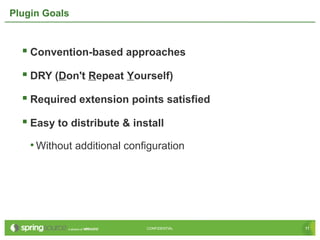 11CONFIDENTIAL 11CONFIDENTIAL
Plugin Goals
 Convention-based approaches
 DRY (Don't Repeat Yourself)
 Required extension points satisfied
 Easy to distribute & install
• Without additional configuration
 