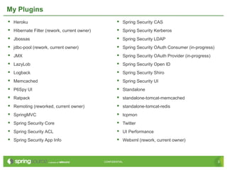 3CONFIDENTIAL 3CONFIDENTIAL
My Plugins
 Heroku
 Hibernate Filter (rework, current owner)
 Jbossas
 jdbc-pool (rework, current owner)
 JMX
 LazyLob
 Logback
 Memcached
 P6Spy UI
 Ratpack
 Remoting (reworked, current owner)
 SpringMVC
 Spring Security Core
 Spring Security ACL
 Spring Security App Info
 Spring Security CAS
 Spring Security Kerberos
 Spring Security LDAP
 Spring Security OAuth Consumer (in-progress)
 Spring Security OAuth Provider (in-progress)
 Spring Security Open ID
 Spring Security Shiro
 Spring Security UI
 Standalone
 standalone-tomcat-memcached
 standalone-tomcat-redis
 tcpmon
 Twitter
 UI Performance
 Webxml (rework, current owner)
 