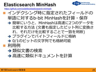 第7回Elasticsearch勉強会 
インデクシング時に指定されたフィールドの 単語に対するb-bit MinHashを計算・保存 
簡単にいうと、MinHashは高速に2つのデータを 比較する方法 (文書も指定したビット列に変換さ れ...