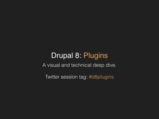 Drupal 8: Plugins 
A visual and technical deep dive. 
! 
Twitter session tag: #d8plugins 
 