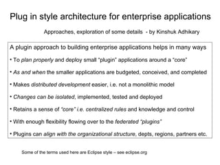Plug in style architecture for enterprise applications Approaches, exploration of some details  - by Kinshuk Adhikary ,[object Object],[object Object],[object Object],[object Object],[object Object],[object Object],[object Object],[object Object],Some of the terms used here are Eclipse style – see eclipse.org 