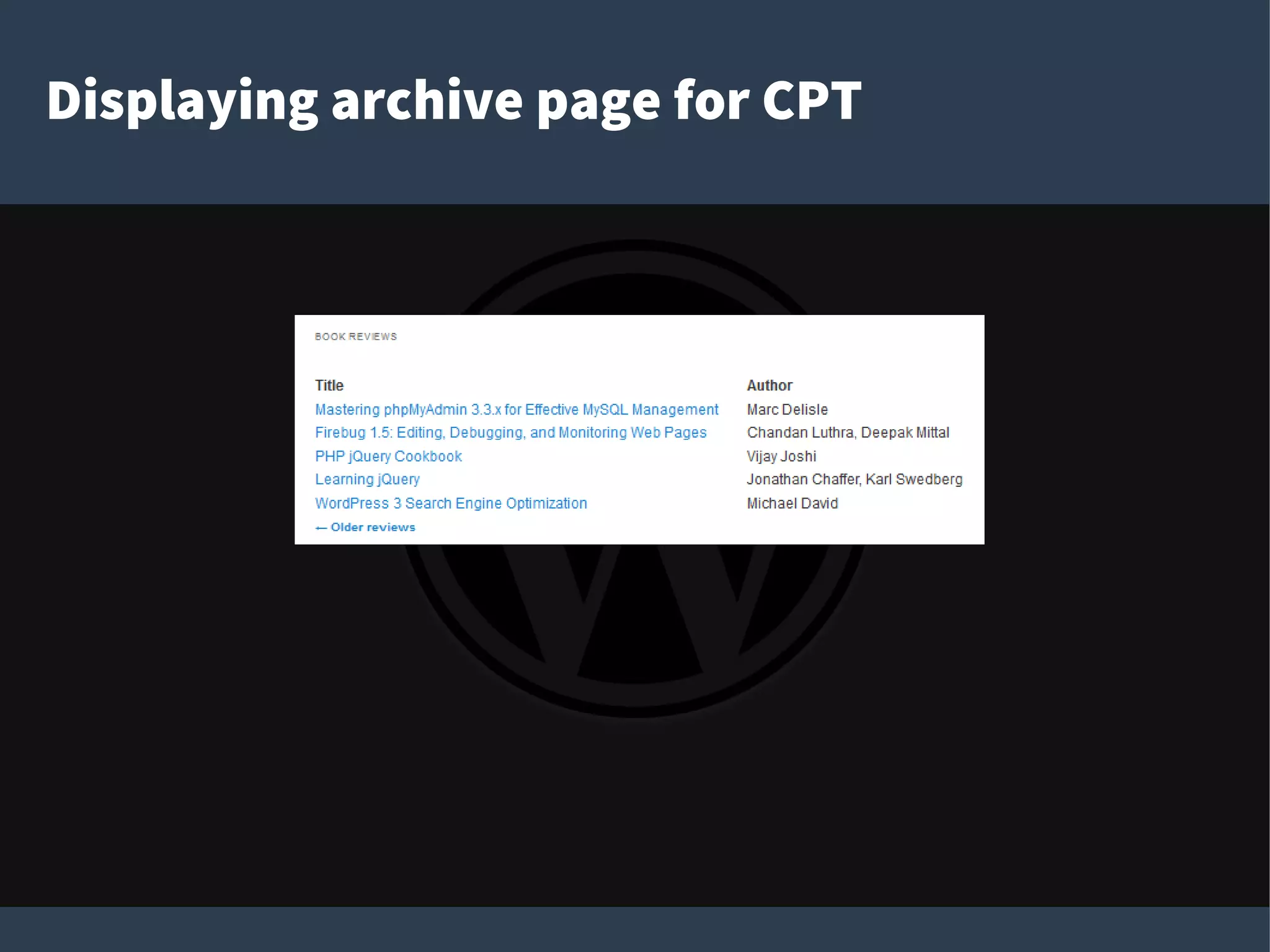 Displaying archive page for CPT
 
