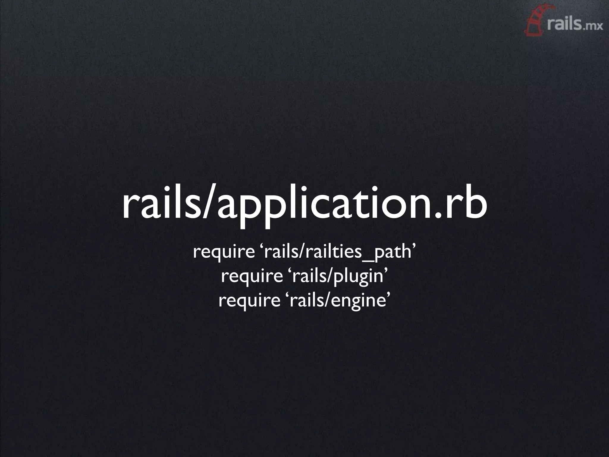 rails/application.rb
   require ‘rails/railties_path’
      require ‘rails/plugin’
      require ‘rails/engine’
 