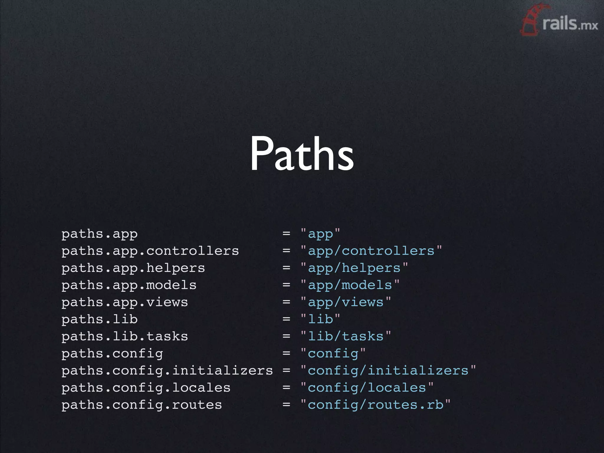 Paths
paths.app                 =   "app"
paths.app.controllers     =   "app/controllers"
paths.app.helpers         =   "app/helpers"
paths.app.models          =   "app/models"
paths.app.views           =   "app/views"
paths.lib                 =   "lib"
paths.lib.tasks           =   "lib/tasks"
paths.config              =   "config"
paths.config.initializers =   "config/initializers"
paths.config.locales      =   "config/locales"
paths.config.routes       =   "config/routes.rb"
 