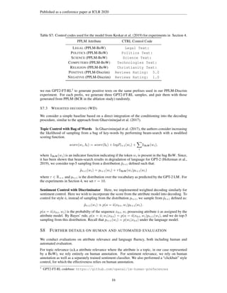 Published as a conference paper at ICLR 2020
Table S7: Control codes used for the model from Keskar et al. (2019) for experiments in Section 4.
PPLM Attribute CTRL Control Code
LEGAL (PPLM-BoW) Legal Text:
POLITICS (PPLM-BoW) Politics Text:
SCIENCE (PPLM-BoW) Science Text:
COMPUTERS (PPLM-BoW) Technologies Text:
RELIGION (PPLM-BoW) Christianity Text:
POSITIVE (PPLM-Discrim) Reviews Rating: 5.0
NEGATIVE (PPLM-Discrim) Reviews Rating: 1.0
we run GPT2-FT-RL3
to generate positive texts on the same prefixes used in our PPLM-Discrim
experiment. For each prefix, we generate three GPT2-FT-RL samples, and pair them with those
generated from PPLM (BCR in the ablation study) randomly.
S7.3 WEIGHTED DECODING (WD)
We consider a simple baseline based on a direct integration of the conditioning into the decoding
procedure, similar to the approach from Ghazvininejad et al. (2017).
Topic Control with Bag of Words In Ghazvininejad et al. (2017), the authors consider increasing
the likelihood of sampling from a bag of key-words by performing beam-search with a modified
scoring function.
score(wi, bt) = score(bt) + logPt+1(wi) +
X
i
1BoW(wi),
where 1BoW(wi) is an indicator function indicating if the token wi is present in the bag BoW. Since,
it has been shown that beam-search results in degradation of language for GPT-2 (Holtzman et al.,
2019), we consider top-5 sampling from a distribution p̃t+1 defined such that:
p̃t+1(wi) = pt+1(wi) + τ1BoW(wi)pt+1(wi)
where τ ∈ R++ and pt+1 is the distribution over the vocabulary as predicted by the GPT-2 LM . For
the experiments in Section 4, we set τ = 10.
Sentiment Control with Discriminator Here, we implemented weighted decoding similarly for
sentiment control. Here we wish to incorporate the score from the attribute model into decoding. To
control for style â, instead of sampling from the distribution pt+1, we sample from p̃t+1 defined as:
p̃t+1(wi) ∝ p(a = â|x0:t, wi)pt+1(wi).
p(a = â|x0:t, wi) is the probabilty of the sequence x0:t, wi possessing attribute â as assigned by the
attribute model. By Bayes’ rule, p(a = â; wi|x0:t) = p(a = â|x0:t, wi)pt+1(wi), and we do top-5
sampling from this distribution. Recall that pt+1(wi) = p(wi|x0:t) under the language model.
S8 FURTHER DETAILS ON HUMAN AND AUTOMATED EVALUATION
We conduct evaluations on attribute relevance and language fluency, both including human and
automated evaluation.
For topic relevance (a.k.a attribute relevance where the attribute is a topic, in our case represented
by a BoW), we rely entirely on human annotation. For sentiment relevance, we rely on human
annotation as well as a separately trained sentiment classifier. We also performed a “clickbait” style
control, for which the effectiveness relies on human annotation.
3
GPT2-FT-RL codebase: https://github.com/openai/lm-human-preferences
16
 