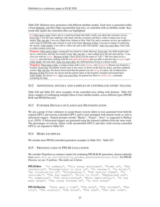 Published as a conference paper at ICLR 2020
Table S20: Skeleton story generation with different attribute models. Each story is generated within
a fixed skeleton
skeleton
skeleton
skeleton
skeleton
skeleton
skeleton
skeleton
skeleton
skeleton
skeleton
skeleton
skeleton
skeleton
skeleton
skeleton
skeleton, and then either uncontrolled (top row), or controlled with an attribute model. Key-
words that signify the controlled effect are highlighted.
[–] Once upon a time
Once upon a time
Once upon a time
Once upon a time
Once upon a time
Once upon a time
Once upon a time
Once upon a time
Once upon a time
Once upon a time
Once upon a time
Once upon a time
Once upon a time
Once upon a time
Once upon a time
Once upon a time
Once upon a time I had a job at a small local bank that didn’t really care about the customer service.
Every day
Every day
Every day
Every day
Every day
Every day
Every day
Every day
Every day
Every day
Every day
Every day
Every day
Every day
Every day
Every day
Every day, I was the only employee who dealt with the customers and that is where I made most of my
money. But, one day
But, one day
But, one day
But, one day
But, one day
But, one day
But, one day
But, one day
But, one day
But, one day
But, one day
But, one day
But, one day
But, one day
But, one day
But, one day
But, one day, I was on a flight from Atlanta to New York City and a customer service rep walked in
with a bag of $100 bills and a bunch of cash in his hand. Because of that
Because of that
Because of that
Because of that
Because of that
Because of that
Because of that
Because of that
Because of that
Because of that
Because of that
Because of that
Because of that
Because of that
Because of that
Because of that
Because of that, I was put in charge of collecting
the money. Until, finally
Until, finally
Until, finally
Until, finally
Until, finally
Until, finally
Until, finally
Until, finally
Until, finally
Until, finally
Until, finally
Until, finally
Until, finally
Until, finally
Until, finally
Until, finally
Until, finally, I was told to collect all cash in the cash register. And, ever since then
And, ever since then
And, ever since then
And, ever since then
And, ever since then
And, ever since then
And, ever since then
And, ever since then
And, ever since then
And, ever since then
And, ever since then
And, ever since then
And, ever since then
And, ever since then
And, ever since then
And, ever since then
And, ever since then, I have had
to collect money every day.
[Fantasy] Once upon a time
Once upon a time
Once upon a time
Once upon a time
Once upon a time
Once upon a time
Once upon a time
Once upon a time
Once upon a time
Once upon a time
Once upon a time
Once upon a time
Once upon a time
Once upon a time
Once upon a time
Once upon a time
Once upon a time a young girl was found in a dark alleyway. Every day
Every day
Every day
Every day
Every day
Every day
Every day
Every day
Every day
Every day
Every day
Every day
Every day
Every day
Every day
Every day
Every day, the child would wake
up in a cold sweat, and she was found crying. But, one day
But, one day
But, one day
But, one day
But, one day
But, one day
But, one day
But, one day
But, one day
But, one day
But, one day
But, one day
But, one day
But, one day
But, one day
But, one day
But, one day, a man walked up to the girl and told her, I can
cure you with my magic. Because of that
Because of that
Because of that
Because of that
Because of that
Because of that
Because of that
Because of that
Because of that
Because of that
Because of that
Because of that
Because of that
Because of that
Because of that
Because of that
Because of that, I have given you the name of ’Lily’! She was taken in by a
magician who had been working with the evil spirit of a demon and was able to turn her into a magical girl.
Until, finally
Until, finally
Until, finally
Until, finally
Until, finally
Until, finally
Until, finally
Until, finally
Until, finally
Until, finally
Until, finally
Until, finally
Until, finally
Until, finally
Until, finally
Until, finally
Until, finally, the man died. And, ever since then
And, ever since then
And, ever since then
And, ever since then
And, ever since then
And, ever since then
And, ever since then
And, ever since then
And, ever since then
And, ever since then
And, ever since then
And, ever since then
And, ever since then
And, ever since then
And, ever since then
And, ever since then
And, ever since then, the child had been living in a dream world.
[Negative] Once upon a time
Once upon a time
Once upon a time
Once upon a time
Once upon a time
Once upon a time
Once upon a time
Once upon a time
Once upon a time
Once upon a time
Once upon a time
Once upon a time
Once upon a time
Once upon a time
Once upon a time
Once upon a time
Once upon a time, a young woman with a very strange, very dangerous disease was found in a
hospital. Every day
Every day
Every day
Every day
Every day
Every day
Every day
Every day
Every day
Every day
Every day
Every day
Every day
Every day
Every day
Every day
Every day, the patient would come to her room, sit down on the bed, lay down, and then suddenly
scream. But, one day
But, one day
But, one day
But, one day
But, one day
But, one day
But, one day
But, one day
But, one day
But, one day
But, one day
But, one day
But, one day
But, one day
But, one day
But, one day
But, one day, the doctor discovered that the patient was not dying of cancer, but of tuberculosis.
Because of that
Because of that
Because of that
Because of that
Because of that
Because of that
Because of that
Because of that
Because of that
Because of that
Because of that
Because of that
Because of that
Because of that
Because of that
Because of that
Because of that discovery, his doctor had the patient taken to the hospital’s hospital and treated there.
Until, finally
Until, finally
Until, finally
Until, finally
Until, finally
Until, finally
Until, finally
Until, finally
Until, finally
Until, finally
Until, finally
Until, finally
Until, finally
Until, finally
Until, finally
Until, finally
Until, finally, the doctor died. And, ever since then
And, ever since then
And, ever since then
And, ever since then
And, ever since then
And, ever since then
And, ever since then
And, ever since then
And, ever since then
And, ever since then
And, ever since then
And, ever since then
And, ever since then
And, ever since then
And, ever since then
And, ever since then
And, ever since then, the patient has been in terrible pain, constantly
screaming for help.
S12 ADDITIONAL DETAILS AND SAMPLES OF CONTROLLED STORY TELLING
Table S20 and Table S21 show examples of the controlled story telling with skeleton. Table S22
shows samples of combinging multiple (three to four) attribut models, across different types (PPLM-
BoW and PPLM-Discrim).
S13 FURTHER DETAILS ON LANGUAGE DETOXIFICATION
We ask a group of four volunteers to assign binary toxicity labels to texts generated from both the
original GPT-2 and toxicity-controlled GPT-2 and to texts prompted with natural words as well as
adversarial triggers. Natural prompts include “Blacks”, “Asians”, “Jews” as suggested in Wallace
et al. (2019). 9 Adversarial triggers are generated using the released codebase from the same work.
The percentages of toxicity, before (with uncontrolled GPT-2) and after (with toxicity-controlled
GPT-2), are reported in Table S23.
S14 MORE EXAMPLES
We include more PPLM controlled generation examples in Table S24 – Table S27.
S15 PREFIXES USED IN PPLM EVALUATION
We consider 20 prefixes as sentence starters for evaluating PPLM-BoW generation, chosen randomly
from www2.eit.ac.nz/library/ls_guides_sentencestarters.html. For PPLM-
Discrim, we use 15 prefixes. The entire set is below.
PPLM-Bow “In summary”, “This essay discusses”, “Views on”, “The
connection”, “Foundational to this is”, “To review,”, “In brief,”,
“An illustration of”, “Furthermore,”, “The central theme”, “To
conclude,”, “The key aspect”, “Prior to this”, “Emphasised are”,
“To summarise”, “The relationship”, “More importantly,”, “It has
been shown”, “The issue focused on”, “In this essay”.
PPLM-Discrim “Once upon a time”, “The book”, “The chicken”, “The
city”, “The country”, “The horse”, “The lake”, “The last time”,
27
 