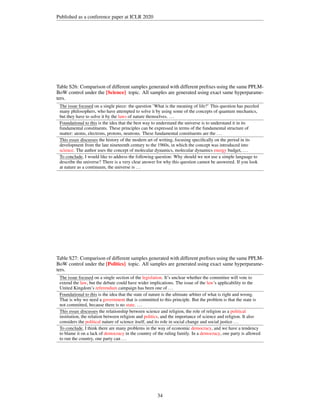 Published as a conference paper at ICLR 2020
Table S26: Comparison of different samples generated with different prefixes using the same PPLM-
BoW control under the [Science] topic. All samples are generated using exact same hyperparame-
ters.
The issue focused
The issue focused
The issue focused
The issue focused
The issue focused
The issue focused
The issue focused
The issue focused
The issue focused
The issue focused
The issue focused
The issue focused
The issue focused
The issue focused
The issue focused
The issue focused
The issue focused on a single piece: the question ’What is the meaning of life?’ This question has puzzled
many philosophers, who have attempted to solve it by using some of the concepts of quantum mechanics,
but they have to solve it by the laws of nature themselves. ...
Foundational to this
Foundational to this
Foundational to this
Foundational to this
Foundational to this
Foundational to this
Foundational to this
Foundational to this
Foundational to this
Foundational to this
Foundational to this
Foundational to this
Foundational to this
Foundational to this
Foundational to this
Foundational to this
Foundational to this is the idea that the best way to understand the universe is to understand it in its
fundamental constituents. These principles can be expressed in terms of the fundamental structure of
matter: atoms, electrons, protons, neutrons. These fundamental constituents are the ...
This essay discusses
This essay discusses
This essay discusses
This essay discusses
This essay discusses
This essay discusses
This essay discusses
This essay discusses
This essay discusses
This essay discusses
This essay discusses
This essay discusses
This essay discusses
This essay discusses
This essay discusses
This essay discusses
This essay discusses the history of the modern art of writing, focusing specifically on the period in its
development from the late nineteenth century to the 1960s, in which the concept was introduced into
science. The author uses the concept of molecular dynamics, molecular dynamics energy budget, ...
To conclude
To conclude
To conclude
To conclude
To conclude
To conclude
To conclude
To conclude
To conclude
To conclude
To conclude
To conclude
To conclude
To conclude
To conclude
To conclude
To conclude, I would like to address the following question: Why should we not use a simple language to
describe the universe? There is a very clear answer for why this question cannot be answered. If you look
at nature as a continuum, the universe is ...
Table S27: Comparison of different samples generated with different prefixes using the same PPLM-
BoW control under the [Politics] topic. All samples are generated using exact same hyperparame-
ters.
The issue focused
The issue focused
The issue focused
The issue focused
The issue focused
The issue focused
The issue focused
The issue focused
The issue focused
The issue focused
The issue focused
The issue focused
The issue focused
The issue focused
The issue focused
The issue focused
The issue focused on a single section of the legislation. It’s unclear whether the committee will vote to
extend the law, but the debate could have wider implications. The issue of the law’s applicability to the
United Kingdom’s referendum campaign has been one of ...
Foundational to this
Foundational to this
Foundational to this
Foundational to this
Foundational to this
Foundational to this
Foundational to this
Foundational to this
Foundational to this
Foundational to this
Foundational to this
Foundational to this
Foundational to this
Foundational to this
Foundational to this
Foundational to this
Foundational to this is the idea that the state of nature is the ultimate arbiter of what is right and wrong.
That is why we need a government that is committed to this principle. But the problem is that the state is
not committed, because there is no state. ...
This essay discusses
This essay discusses
This essay discusses
This essay discusses
This essay discusses
This essay discusses
This essay discusses
This essay discusses
This essay discusses
This essay discusses
This essay discusses
This essay discusses
This essay discusses
This essay discusses
This essay discusses
This essay discusses
This essay discusses the relationship between science and religion, the role of religion as a political
institution, the relation between religion and politics, and the importance of science and religion. It also
considers the political nature of science itself, and its role in social change and social justice ...
To conclude
To conclude
To conclude
To conclude
To conclude
To conclude
To conclude
To conclude
To conclude
To conclude
To conclude
To conclude
To conclude
To conclude
To conclude
To conclude
To conclude, I think there are many problems in the way of economic democracy, and we have a tendency
to blame it on a lack of democracy in the country of the ruling family. In a democracy, one party is allowed
to run the country, one party can ...
34
 