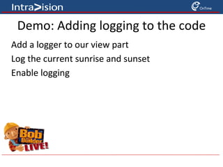 Eclipse architecture Workbench JFace SWT Core Extension Point Framework Service Framework Rich Client Platform Plug-in Plug-in Extension Pt. Plug-in Extension Point Extension Point Extension Point A software component in Eclipse Extension Point declares contract to extend plug-in functionality Extension code extends this functionality RCP allows you to build GUI apps on multiple OS SWT provides  uniform UI API across multiple OS that calls  OS UI API for native look and feel JFace provides  components to make it easier to write a GUI e.g. wizards, preference pages, actions, dialogs  Workbench is desktop UI and customizable Service Framework supports registration and lifecycle management of  plug-ins 