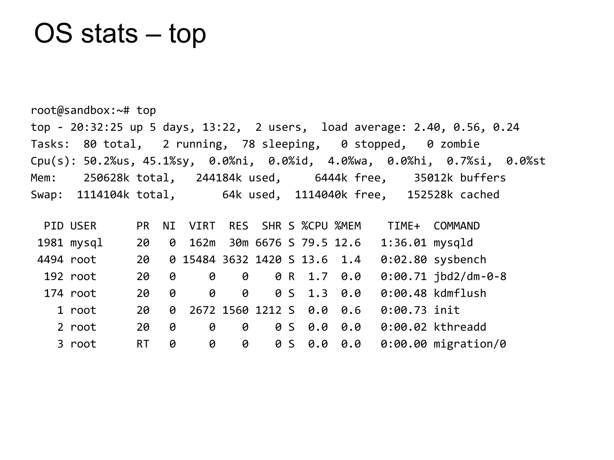 OS stats – top
root@sandbox:~# top
top - 20:32:25 up 5 days, 13:22, 2 users, load average: 2.40, 0.56, 0.24
Tasks: 80 total, 2 running, 78 sleeping, 0 stopped, 0 zombie
Cpu(s): 50.2%us, 45.1%sy, 0.0%ni, 0.0%id, 4.0%wa, 0.0%hi, 0.7%si, 0.0%st
Mem: 250628k total, 244184k used, 6444k free, 35012k buffers
Swap: 1114104k total, 64k used, 1114040k free, 152528k cached
PID USER PR NI VIRT RES SHR S %CPU %MEM TIME+ COMMAND
1981 mysql 20 0 162m 30m 6676 S 79.5 12.6 1:36.01 mysqld
4494 root 20 0 15484 3632 1420 S 13.6 1.4 0:02.80 sysbench
192 root 20 0 0 0 0 R 1.7 0.0 0:00.71 jbd2/dm-0-8
174 root 20 0 0 0 0 S 1.3 0.0 0:00.48 kdmflush
1 root 20 0 2672 1560 1212 S 0.0 0.6 0:00.73 init
2 root 20 0 0 0 0 S 0.0 0.0 0:00.02 kthreadd
3 root RT 0 0 0 0 S 0.0 0.0 0:00.00 migration/0
*
 
