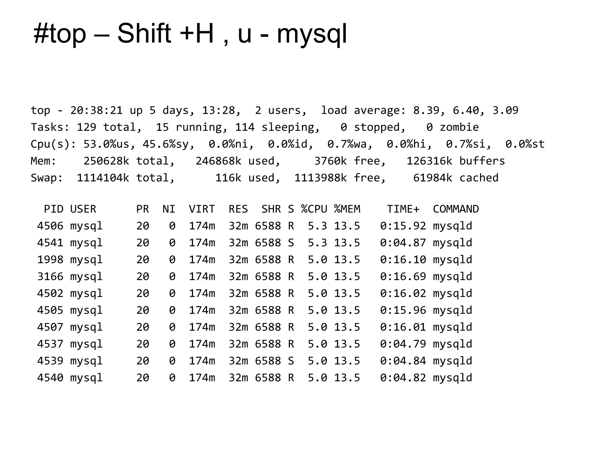 #top – Shift +H , u - mysql
top - 20:38:21 up 5 days, 13:28, 2 users, load average: 8.39, 6.40, 3.09
Tasks: 129 total, 15 running, 114 sleeping, 0 stopped, 0 zombie
Cpu(s): 53.0%us, 45.6%sy, 0.0%ni, 0.0%id, 0.7%wa, 0.0%hi, 0.7%si, 0.0%st
Mem: 250628k total, 246868k used, 3760k free, 126316k buffers
Swap: 1114104k total, 116k used, 1113988k free, 61984k cached
PID USER PR NI VIRT RES SHR S %CPU %MEM TIME+ COMMAND
4506 mysql 20 0 174m 32m 6588 R 5.3 13.5 0:15.92 mysqld
4541 mysql 20 0 174m 32m 6588 S 5.3 13.5 0:04.87 mysqld
1998 mysql 20 0 174m 32m 6588 R 5.0 13.5 0:16.10 mysqld
3166 mysql 20 0 174m 32m 6588 R 5.0 13.5 0:16.69 mysqld
4502 mysql 20 0 174m 32m 6588 R 5.0 13.5 0:16.02 mysqld
4505 mysql 20 0 174m 32m 6588 R 5.0 13.5 0:15.96 mysqld
4507 mysql 20 0 174m 32m 6588 R 5.0 13.5 0:16.01 mysqld
4537 mysql 20 0 174m 32m 6588 R 5.0 13.5 0:04.79 mysqld
4539 mysql 20 0 174m 32m 6588 S 5.0 13.5 0:04.84 mysqld
4540 mysql 20 0 174m 32m 6588 R 5.0 13.5 0:04.82 mysqld
*
 
