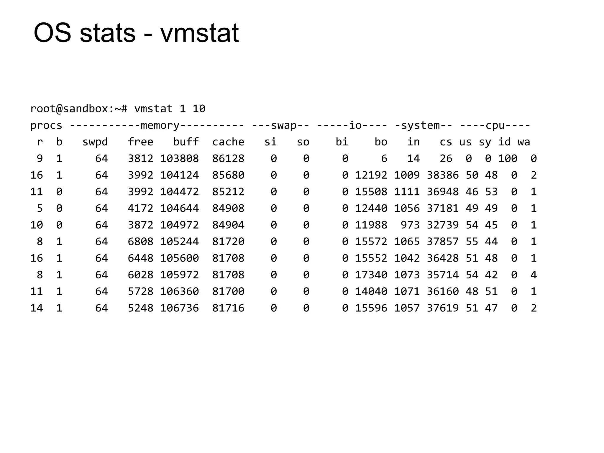 OS stats - vmstat
root@sandbox:~# vmstat 1 10
procs -----------memory---------- ---swap-- -----io---- -system-- ----cpu----
r b swpd free buff cache si so bi bo in cs us sy id wa
9 1 64 3812 103808 86128 0 0 0 6 14 26 0 0 100 0
16 1 64 3992 104124 85680 0 0 0 12192 1009 38386 50 48 0 2
11 0 64 3992 104472 85212 0 0 0 15508 1111 36948 46 53 0 1
5 0 64 4172 104644 84908 0 0 0 12440 1056 37181 49 49 0 1
10 0 64 3872 104972 84904 0 0 0 11988 973 32739 54 45 0 1
8 1 64 6808 105244 81720 0 0 0 15572 1065 37857 55 44 0 1
16 1 64 6448 105600 81708 0 0 0 15552 1042 36428 51 48 0 1
8 1 64 6028 105972 81708 0 0 0 17340 1073 35714 54 42 0 4
11 1 64 5728 106360 81700 0 0 0 14040 1071 36160 48 51 0 1
14 1 64 5248 106736 81716 0 0 0 15596 1057 37619 51 47 0 2
*
 