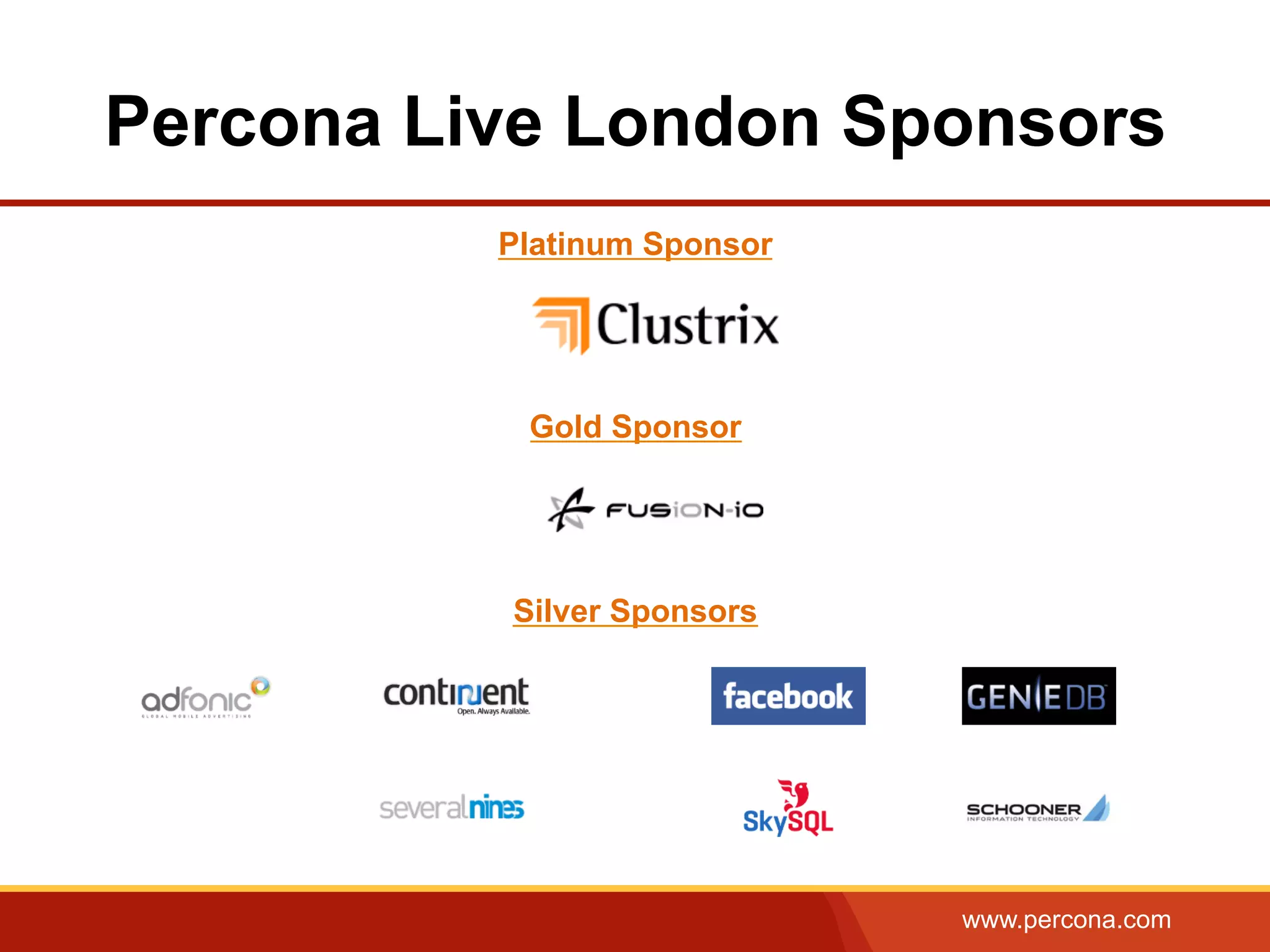 www.percona.com
Percona Live London Sponsors
Platinum Sponsor
Gold Sponsor
Silver Sponsors
 