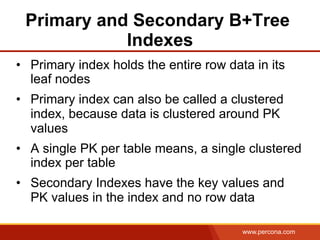 www.percona.com
Primary and Secondary B+Tree
Indexes
•  Primary index holds the entire row data in its
leaf nodes
•  Prima...