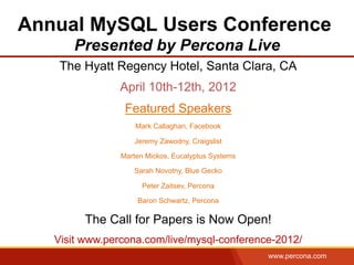 www.percona.com
Annual MySQL Users Conference
Presented by Percona Live
The Hyatt Regency Hotel, Santa Clara, CA
April 10t...