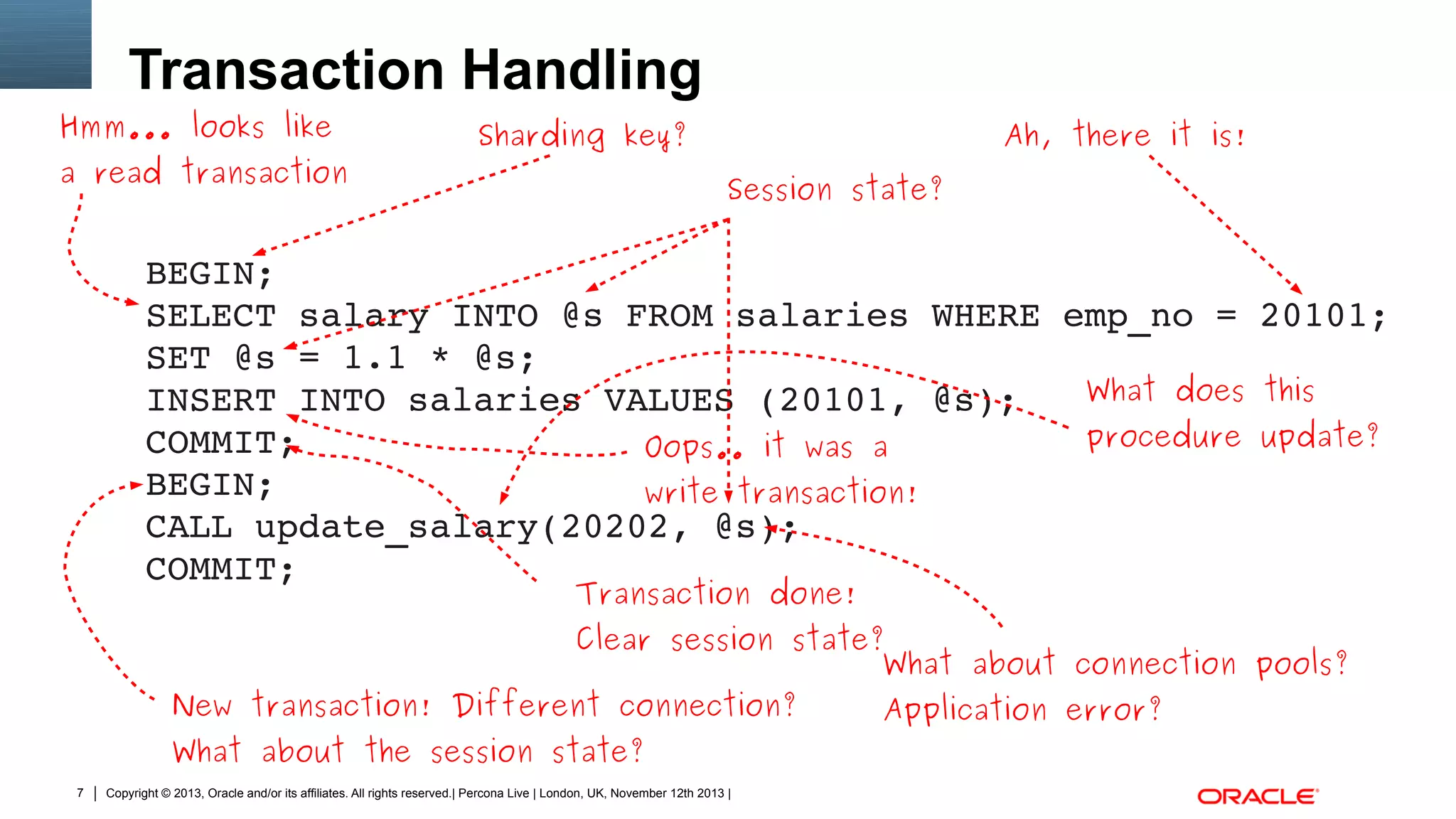 Transaction Handling
Hmm... looks like
a read transaction

Sharding key?

Ah, there it is!
Session state?

BEGIN;
SELECT salary INTO @s FROM salaries WHERE emp_no = 20101;
SET @s = 1.1 * @s;
What does this
INSERT INTO salaries VALUES (20101, @s);
procedure update?
COMMIT;
Oops.. it was a
BEGIN;
write transaction!
CALL update_salary(20202, @s); 
COMMIT;
Transaction done!

Clear session state?
What about connection pools?
New transaction! Different connection?
Application error?
What about the session state?
7

Copyright © 2013, Oracle and/or its affiliates. All rights reserved.| Percona Live | London, UK, November 12th 2013 |

 