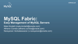 MySQL Fabric:

Easy Management of MySQL Servers
Mats Kindahl (mats.kindahl@oracle.com)
Alfranio Correia (alfranio.correia@oracle.com)
Narayanan Venkateswaran (v.narayanan@oracle.com)

1Copyright © 2013, Oracle and/or its affiliates. All rights reserved.

 
