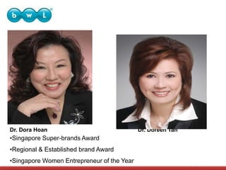 •Singapore Super-brands Award
•Regional & Established brand Award
•Singapore Women Entrepreneur of the Year
Dr. Dora Hoan Dr. Doreen Tan
 
