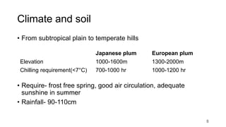 Climate and soil
• From subtropical plain to temperate hills
• Require- frost free spring, good air circulation, adequate
sunshine in summer
• Rainfall- 90-110cm
Japanese plum European plum
Elevation 1000-1600m 1300-2000m
Chilling requirement(<7°C) 700-1000 hr 1000-1200 hr
8
 