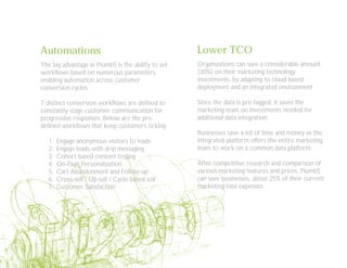 Automations
The big advantage in Plumb5 is the ability to set
workflows based on numerous parameters,
enabling automation across customer
conversion cycles
7 distinct conversion workflows are defined to
constantly stage customer communication for
progressive responses. Below are the pre-
defined workflows that keep customers ticking-
1. Engage anonymous visitors to leads
2. Engage leads with drip messaging
3. Cohort based content testing
4. On-Page Personalization
5. Cart Abandonment and Follow-up
6. Cross-sell / Up-sell / Cycle-based sell
7. Customer Satisfaction
Lower TCO
Organizations can save a considerable amount
(30%) on their marketing technology
investments, by adapting to cloud based
deployment and an integrated environment
Since the data is pre-tagged, it saves the
marketing team on investments needed for
additional data integration
Businesses save a lot of time and money as the
integrated platform offers the entire marketing
team to work on a common data platform.
After competitive research and comparison of
various marketing features and prices, Plumb5
can save businesses, about 25% of their current
marketing tool expenses
 